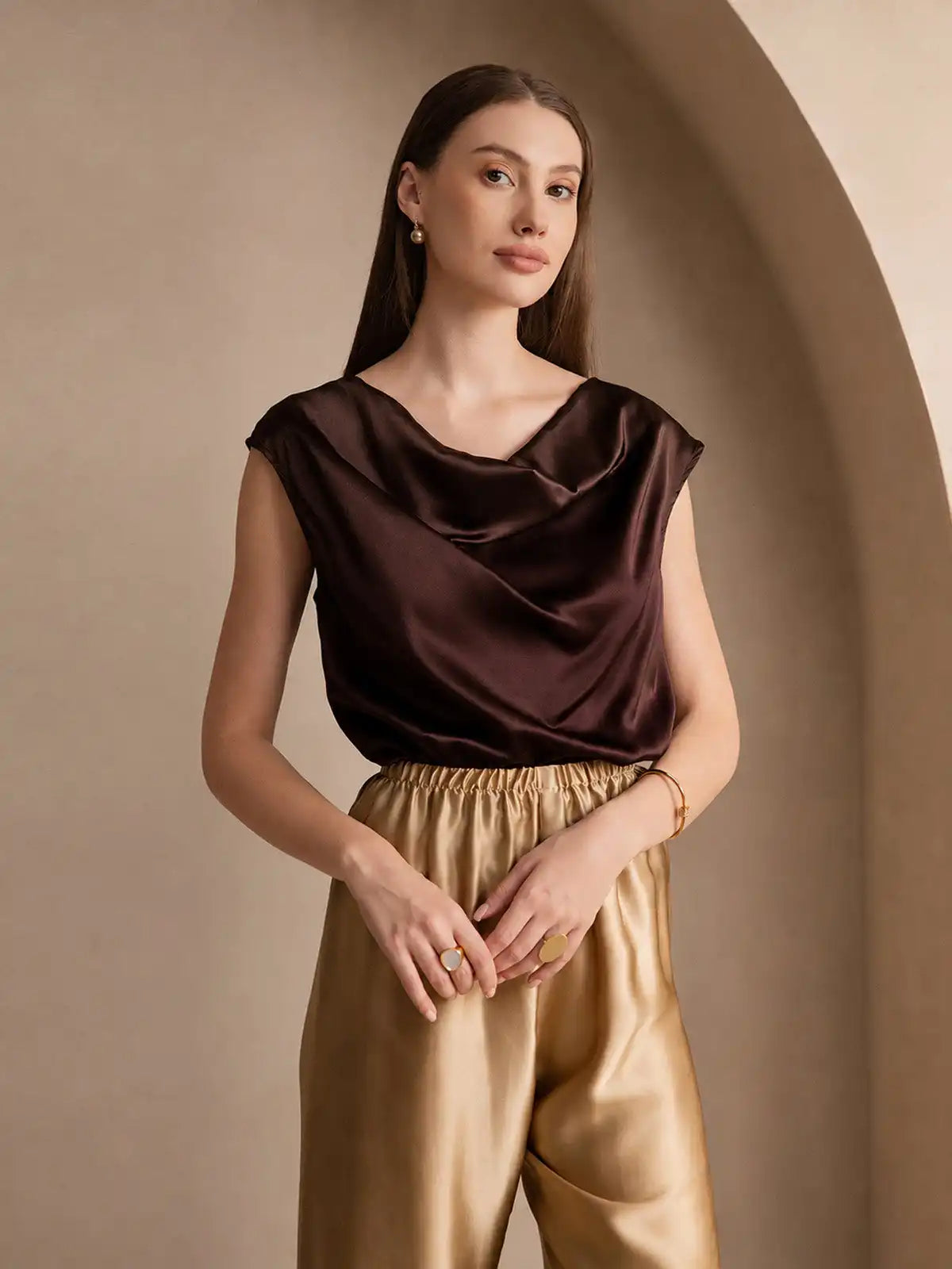19Momme Silk Cap Sleeve Cowl Neck Women's Top