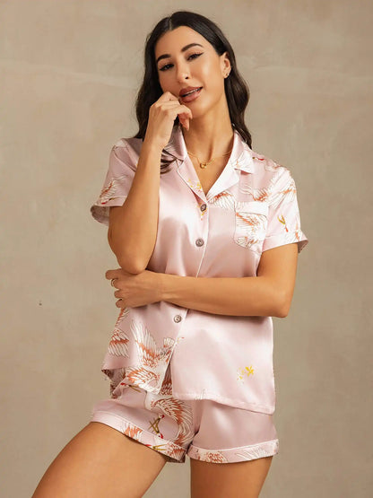 19Momme Women's 100% Mulberry Silk Crane Print Short Sleeve Notch Collar Pajamas Set