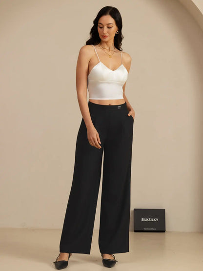 19Momme Silk Crop Top Spaghetti Strap V Neck Camisoles with Built-in Bra