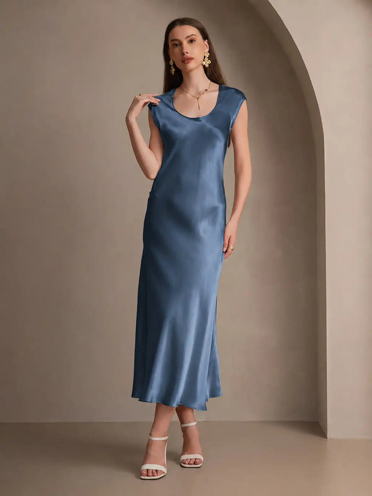 19Momme Silk Cap Sleeve Round Neck Midi Dress