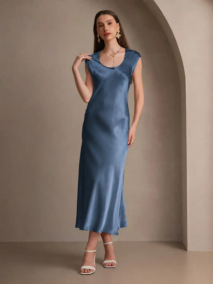 19Momme Silk Cap Sleeve Round Neck Midi Dress
