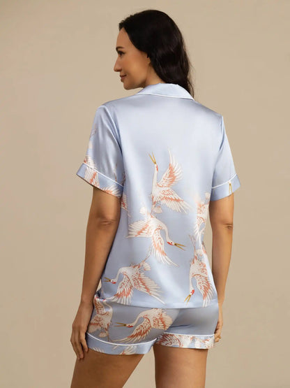 19Momme Women's 100% Mulberry Silk Crane Print Short Sleeve Notch Collar Pajamas Set