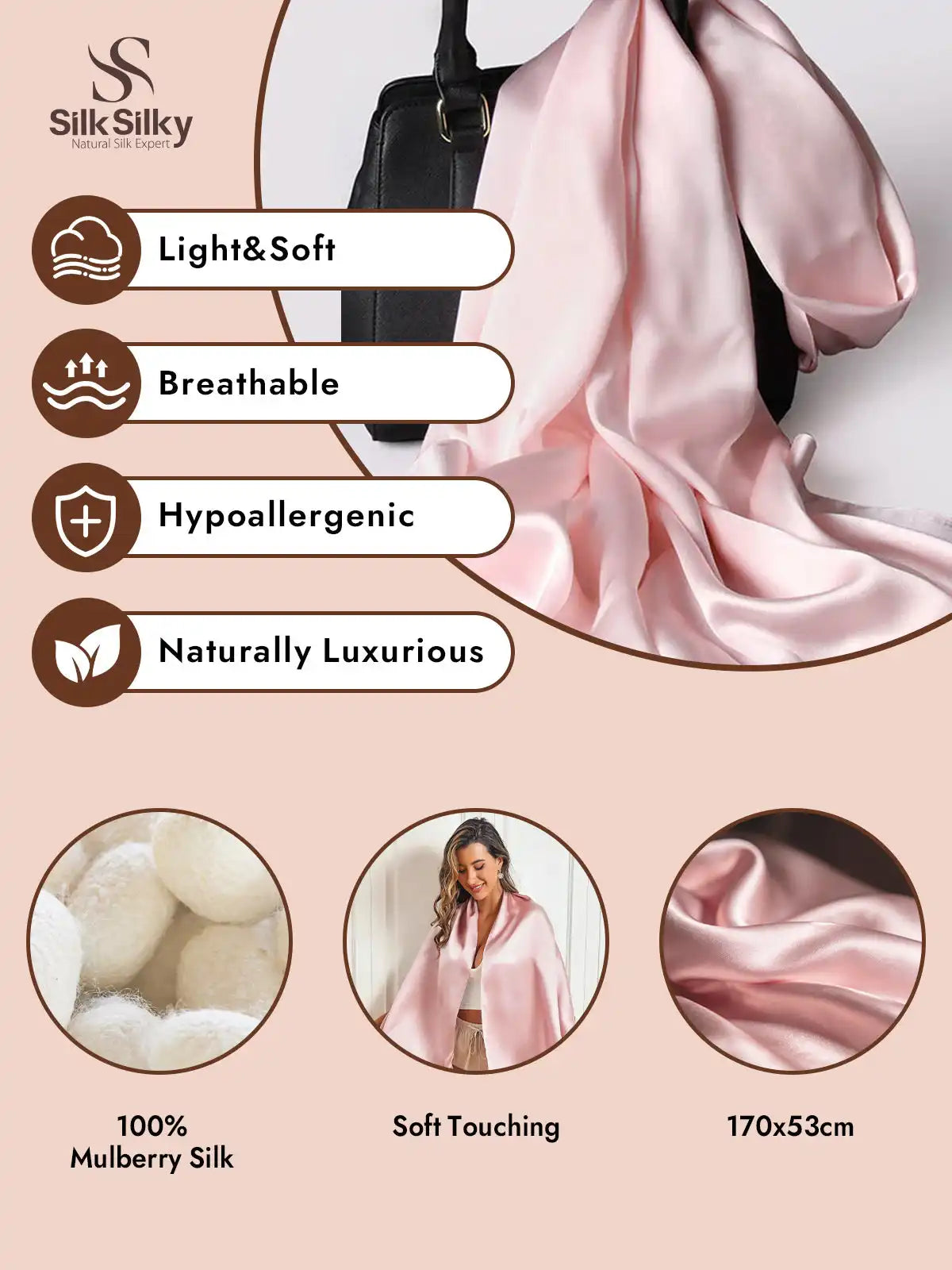 100% Mulberry Silk Long Scarf/Shawl 170x53cm