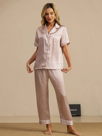 Clearance - 100% Mulberry Silk Geometric Print Short Sleeve Notch Collar Women's Pajamas Set With Pants