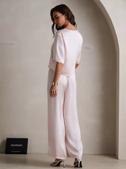 Women's 100% Mulberry Silk Half Sleeve Round Neck Pajamas Set