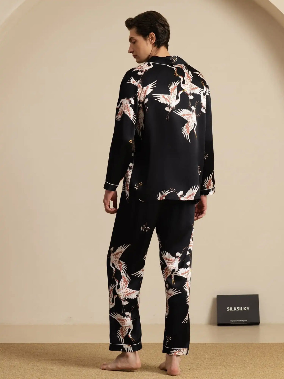 Clearance - 19Momme 100% Mulberry Silk Men's Crane Print Long Sleeve Notch Collar Pajamas Set