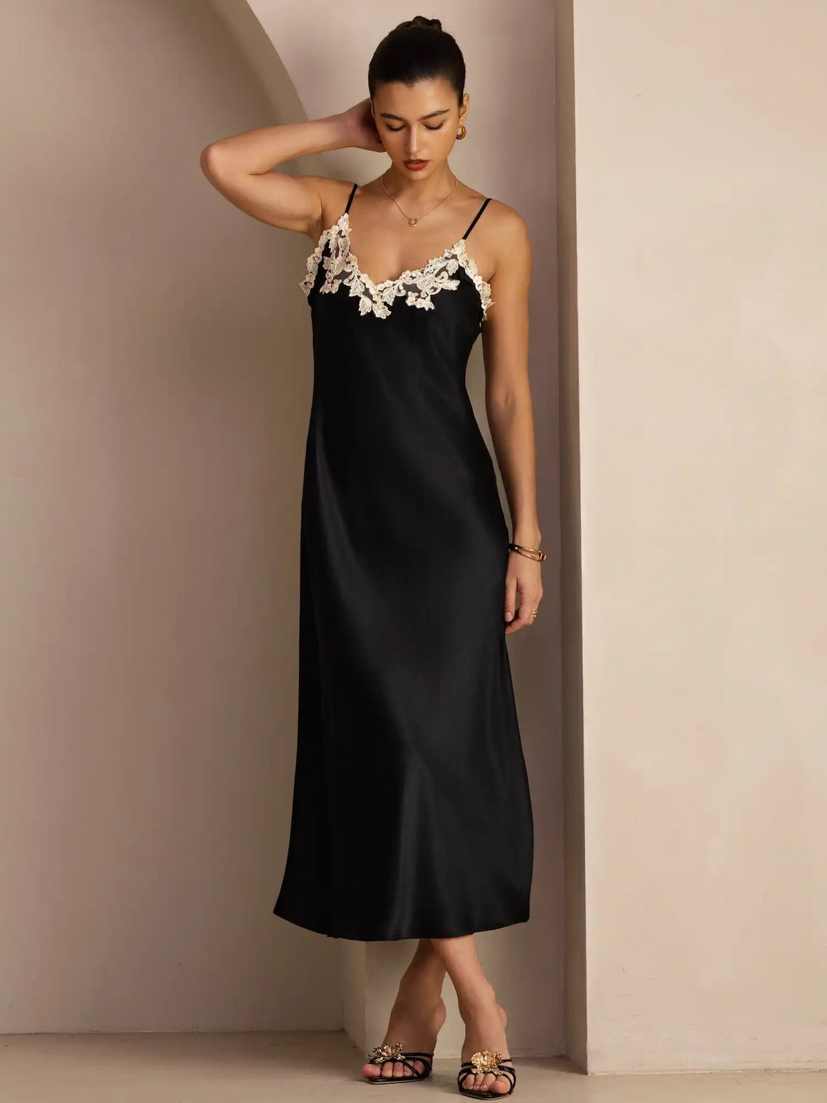 100% Mulberry Silk Spaghetti Strap V Neck Midi Dress with Lace V-Back Design