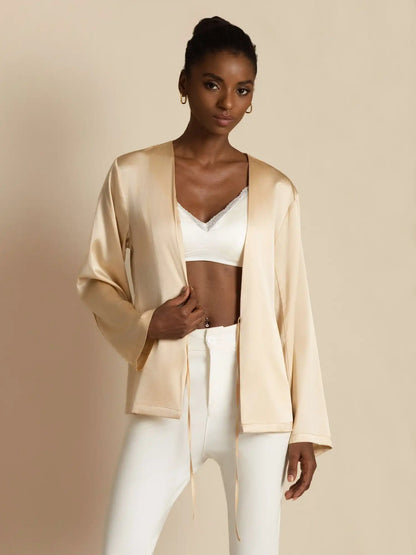 19Momme Silk Relaxed Long Sleeve Tie-Front Cardigan for Women