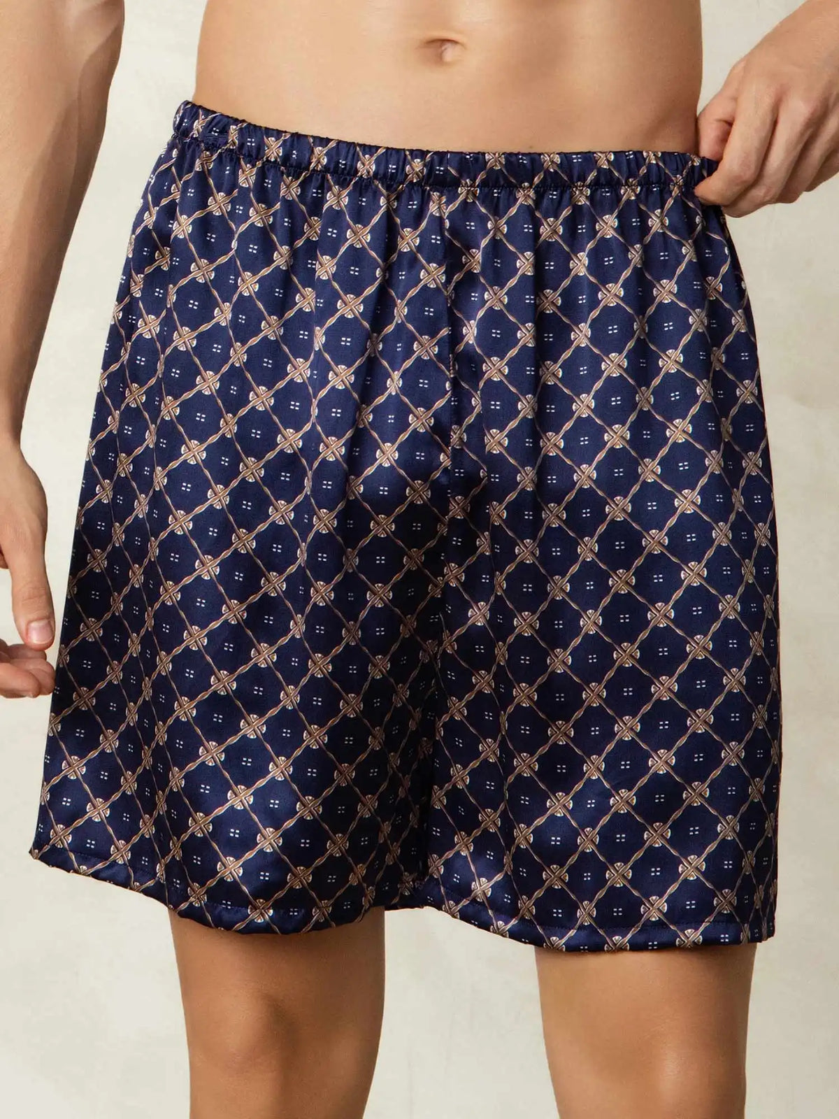 100% Mulberry Silk Navy Chain Print Elastic Waist Men's Sleep Shorts