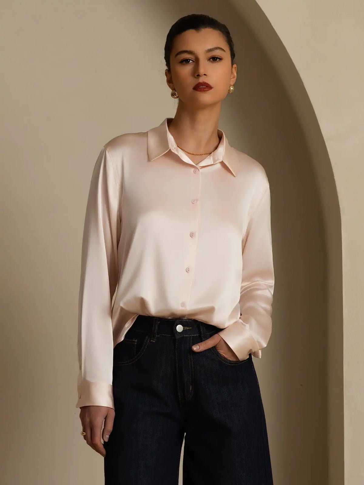 19Momme Silk Long Sleeve Lapel Collar Women's Shirt with Button Up Design