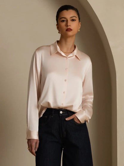 19Momme Silk Long Sleeve Lapel Collar Women's Shirt with Button Up Design