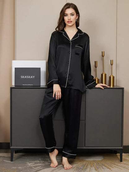 Women's 100% Mulberry Silk Long Sleeve Button Up Pajamas Set