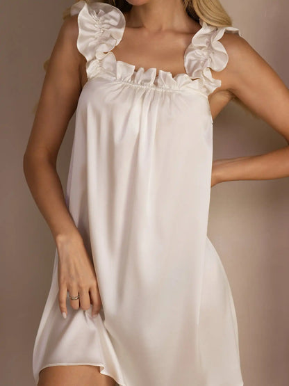 19Momme Silk Ruffle Strap Square Neck  Babydoll A-Line Short Nightgown