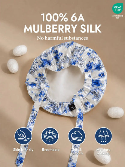 100% Mulberry Silk Sleep Bonnet with Ribbons
