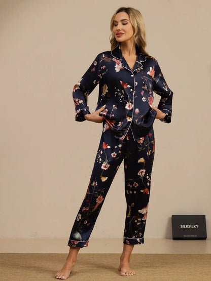 Women's 100% Mulberry Silk Navy Floral Print Long Sleeve Lapel Collar Button Up Pajamas Set