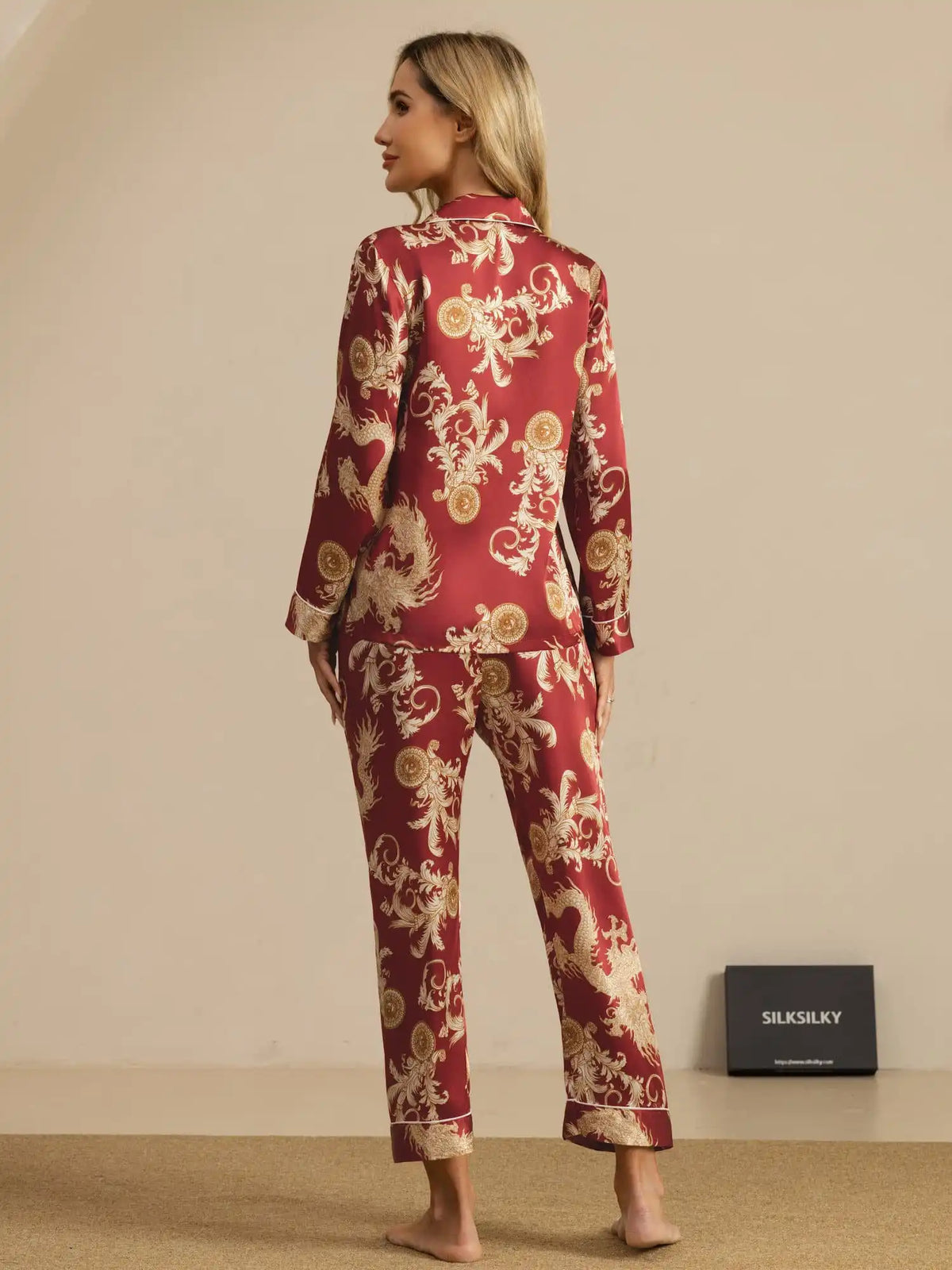 Clearance - 100% Mulberry Silk Dragon Print Long Sleeve Notch Collar Women's Pajamas Set With Pants