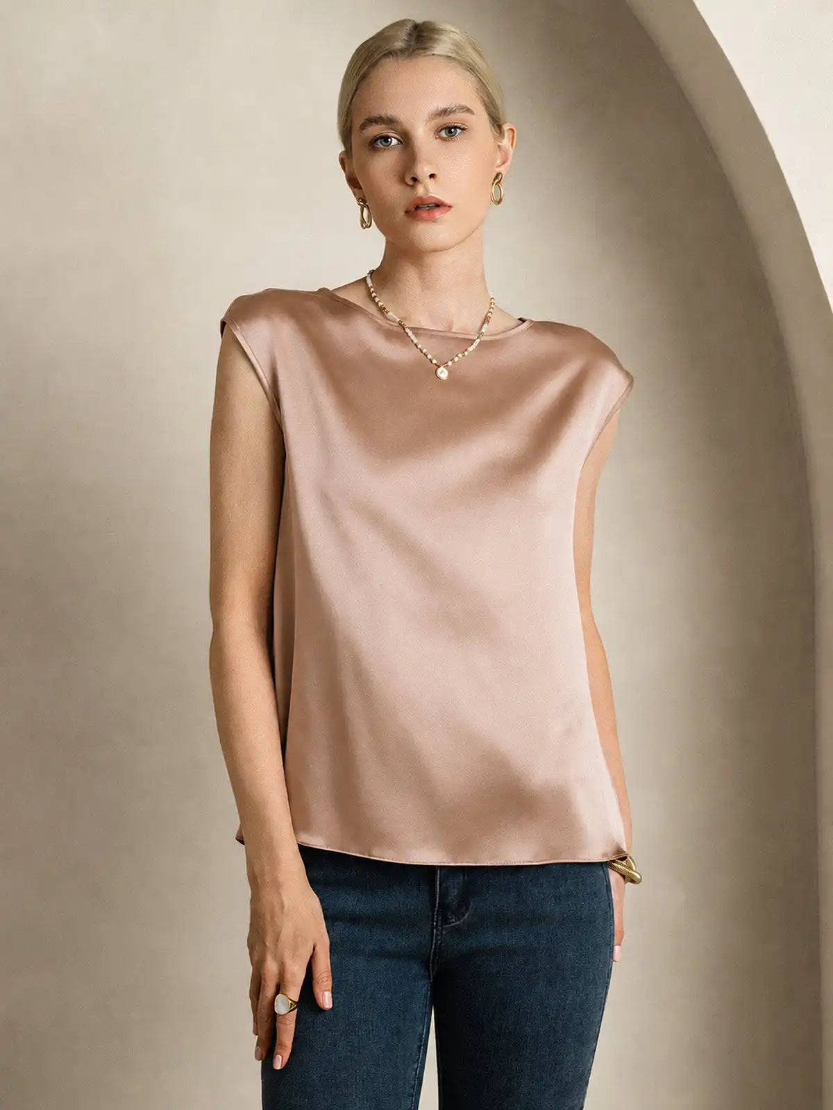 19Momme Women's Silk Cap Sleeve Round Neck Top