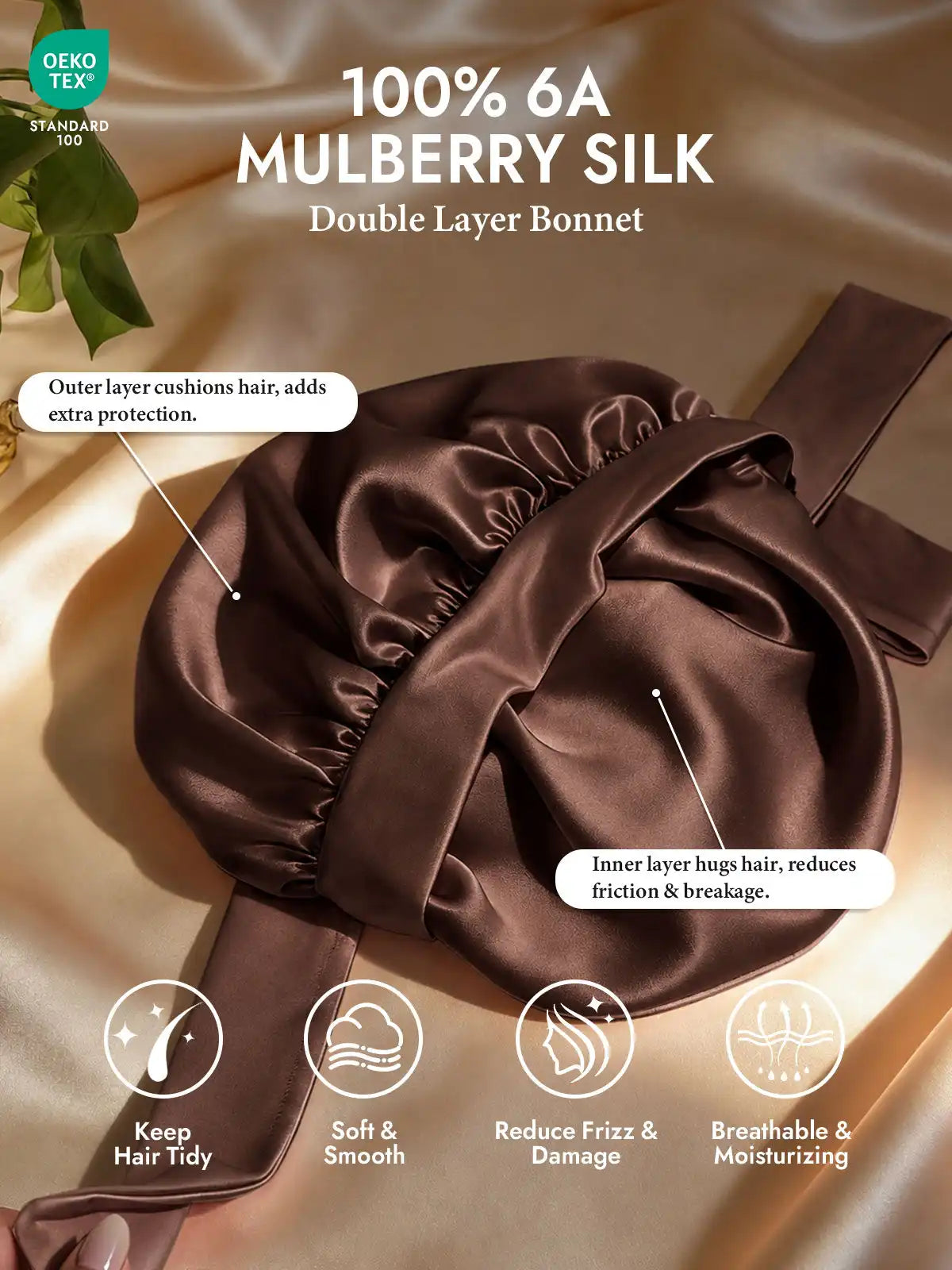 100% Mulberry Silk Double-Layer Bonnet with Adjustable Long Tie