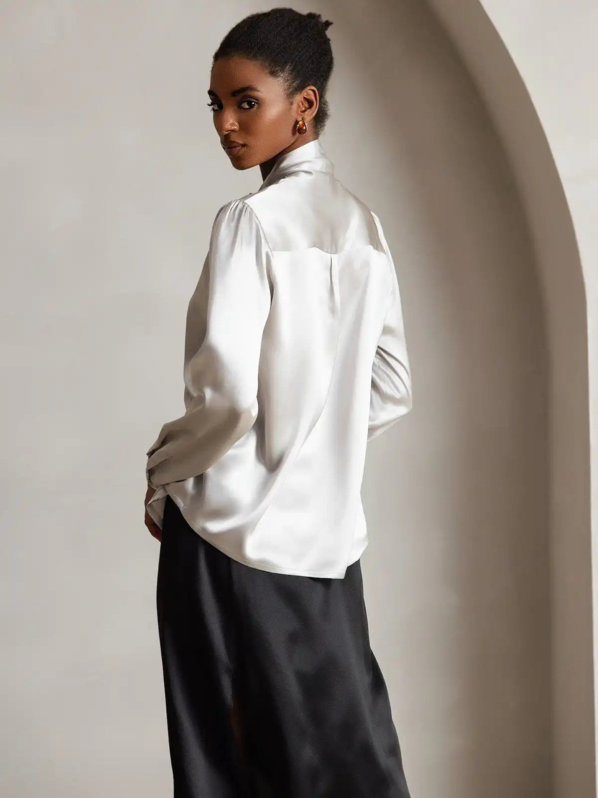 Elegant 19Momme Silk Long Sleeve Tie Neck Blouse