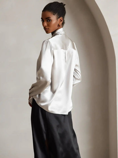 Elegant 19Momme Silk Long Sleeve Tie Neck Blouse