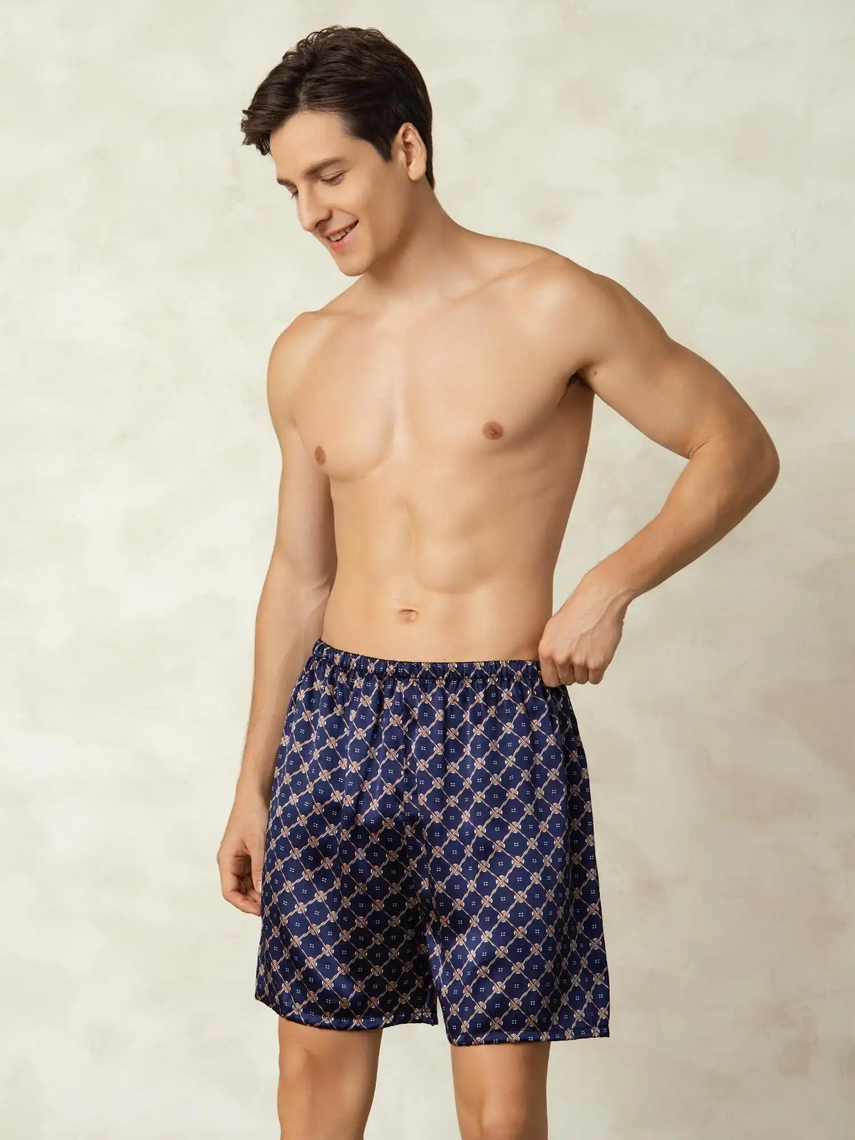 100% Mulberry Silk Navy Chain Print Elastic Waist Men's Sleep Shorts