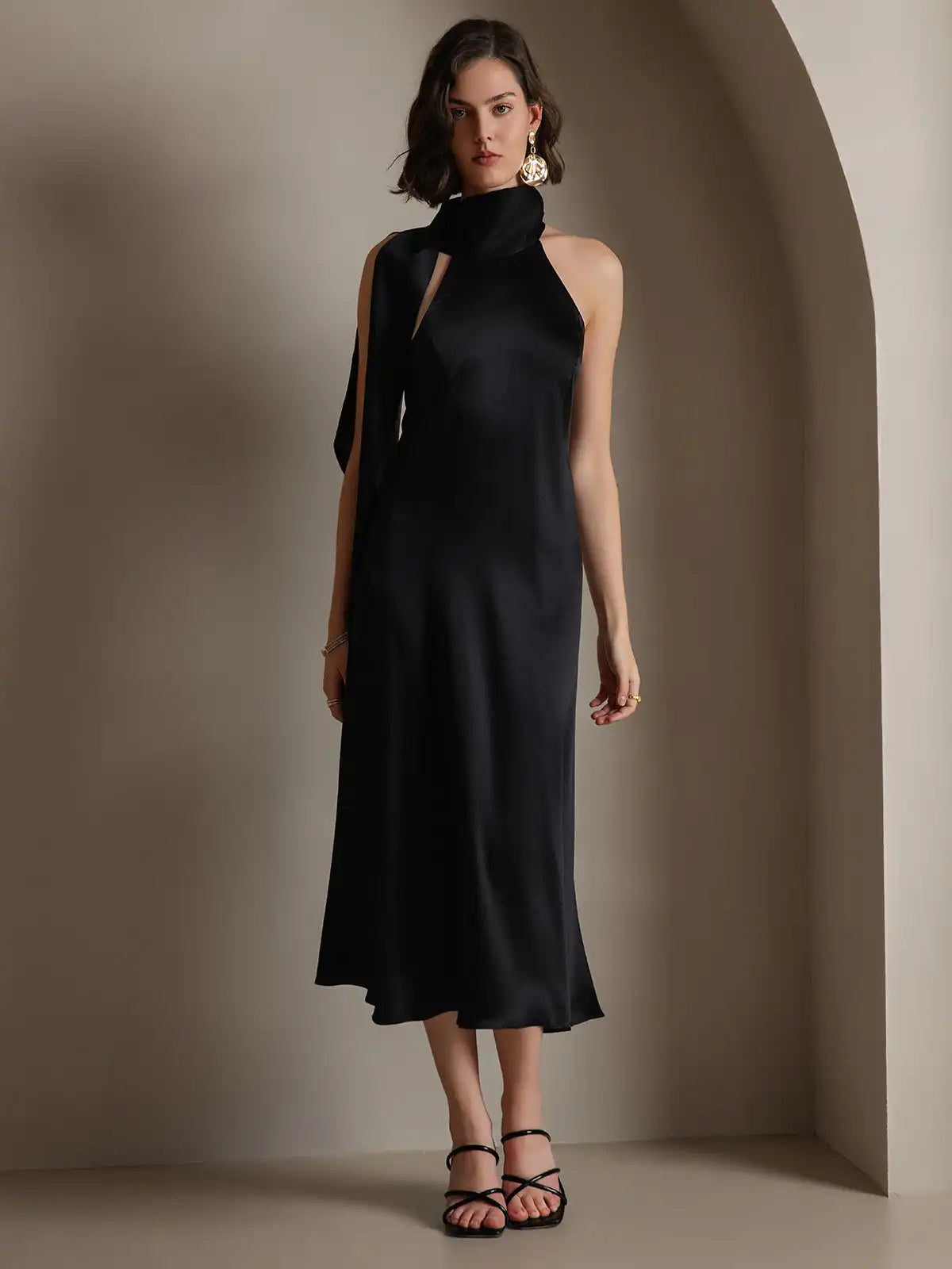 19Momme Silk Sleeveless Tie Neck Midi Dress