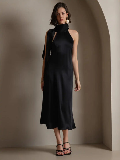 19Momme Silk Sleeveless Tie Neck Midi Dress