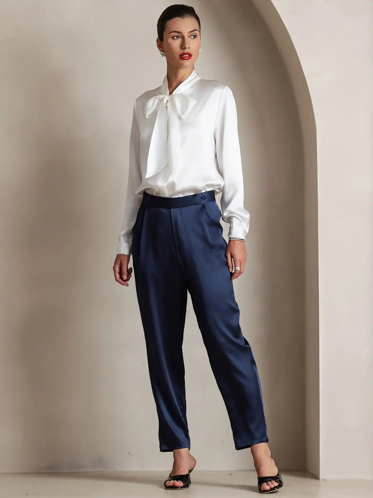 Elegant 19Momme Silk Long Sleeve Tie Neck Blouse