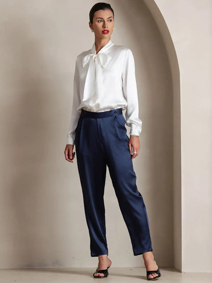Elegant 19Momme Silk Long Sleeve Tie Neck Blouse
