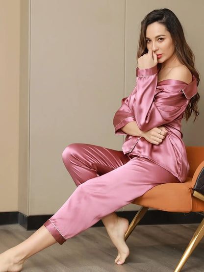 Women's 100% Mulberry Silk Long Sleeve Button Up Pajamas Set
