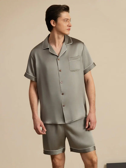 100% Mulberry Silk Short Sleeve Notch Collar Men's Pajamas Set with Shorts