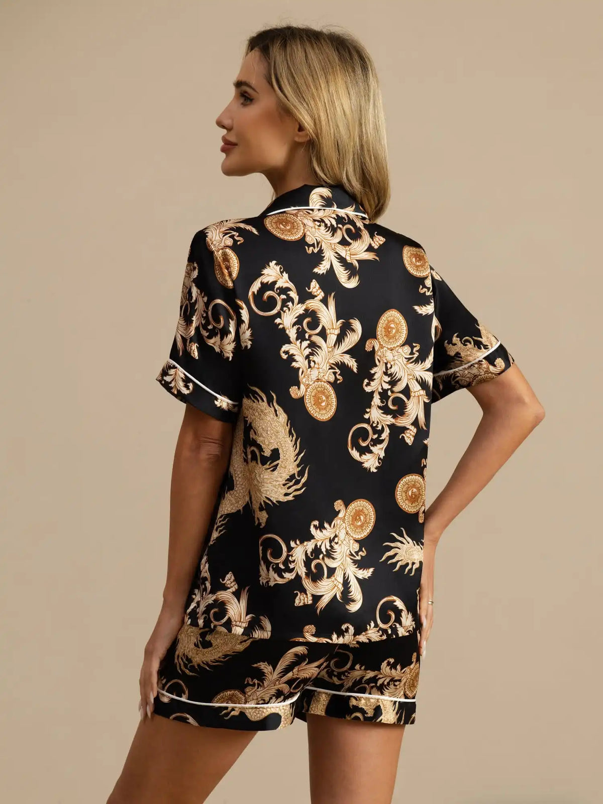 Women's 100% Mulberry Silk Dragon Print Short Sleeve Notch Collar Pajamas Set With Shorts