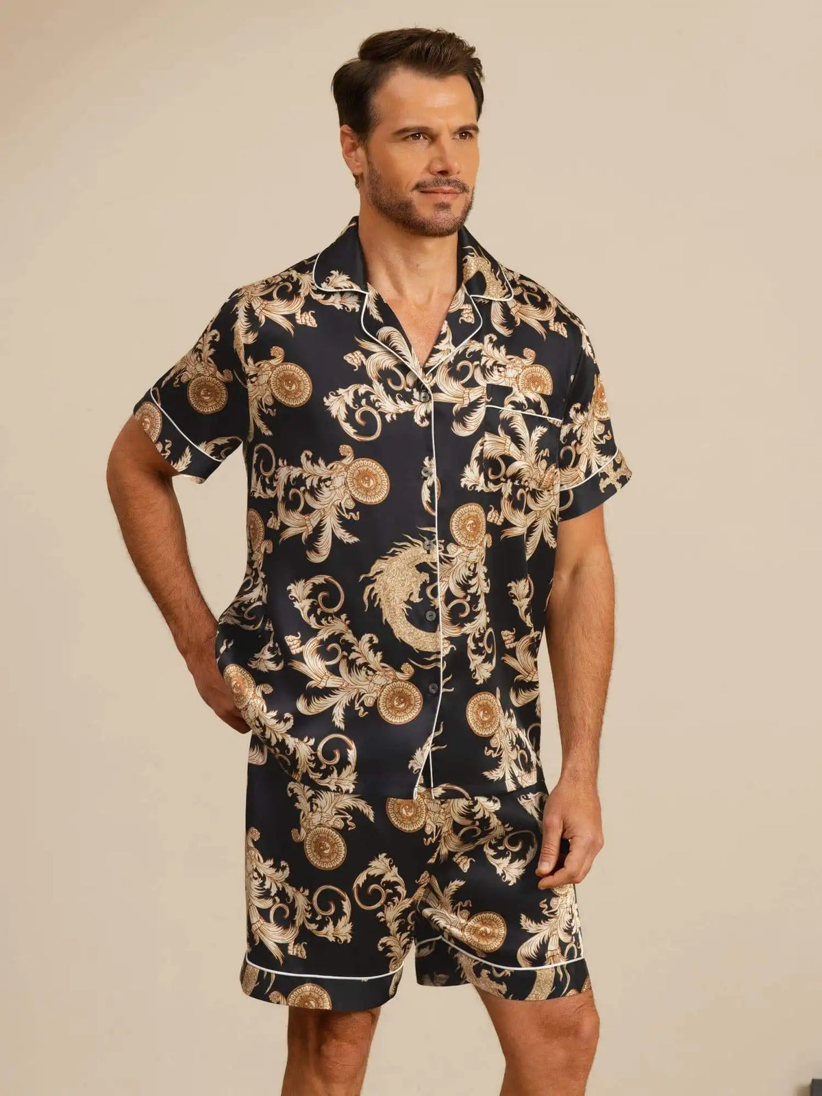 100% Mulberry Silk Men's Dragon Print  Short Sleeve Lapel Collar Pajamas Set