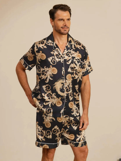 100% Mulberry Silk Men's Dragon Print  Short Sleeve Lapel Collar Pajamas Set