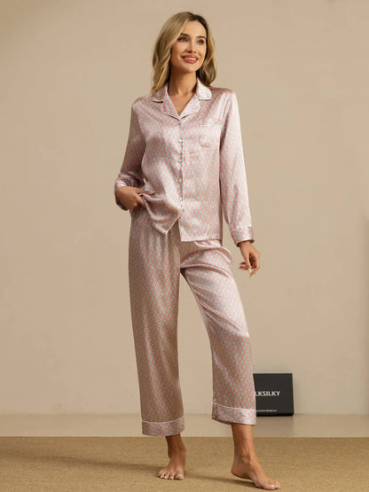 Women's 100% Mulberry Silk Geometric Print Long Sleeve Pajamas Set With Pants