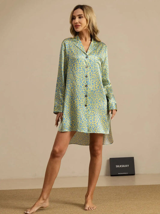 Clearance - 19Momme Pure Silk Women's Leopard Print Nightshirt with High-Low Hem