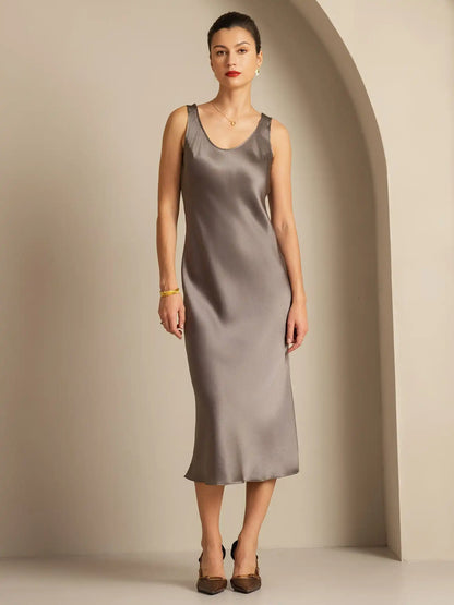 100% Mulberry Silk Sleeveless U Neck Midi Long Dress