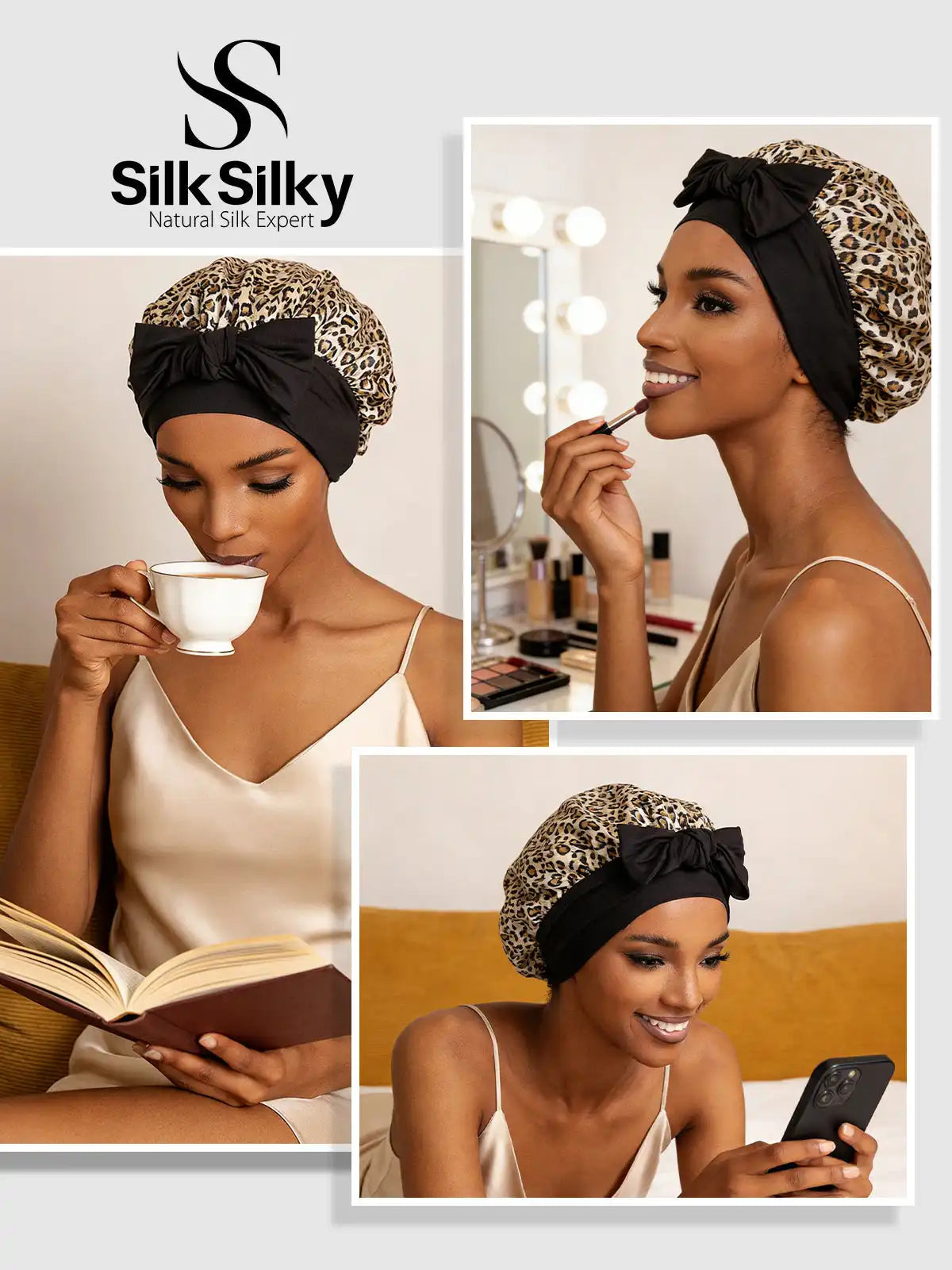 100% Mulberry Silk Bonnet Bowknot Tie Sleep Cap for Hair Protection