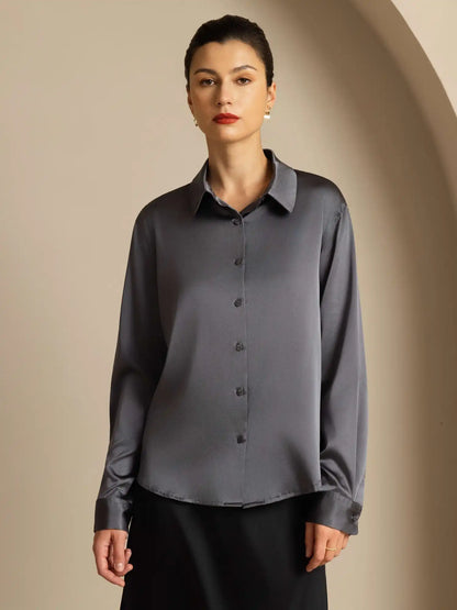 19Momme Silk Long Sleeve Lapel Collar Women's Shirt