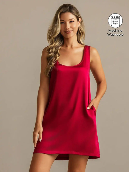 Clearance - 19Momme Washable Silk Sleeveless Scoop Neck Short Nightgown with Side Pocket Design