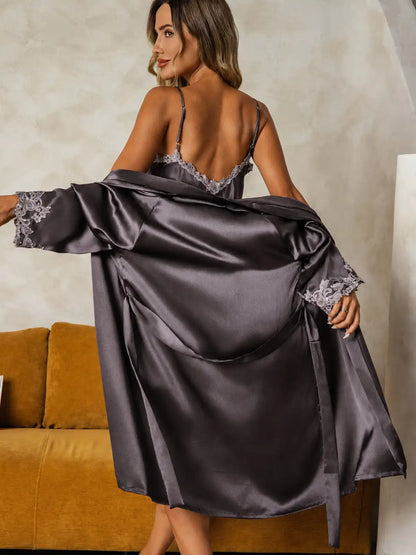 Elegant 100% Mulberry Silk Lace Trim Nightgown & Robe Set 2Pcs
