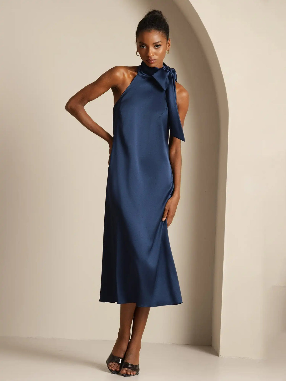 19Momme Silk Sleeveless Tie Neck Midi Dress
