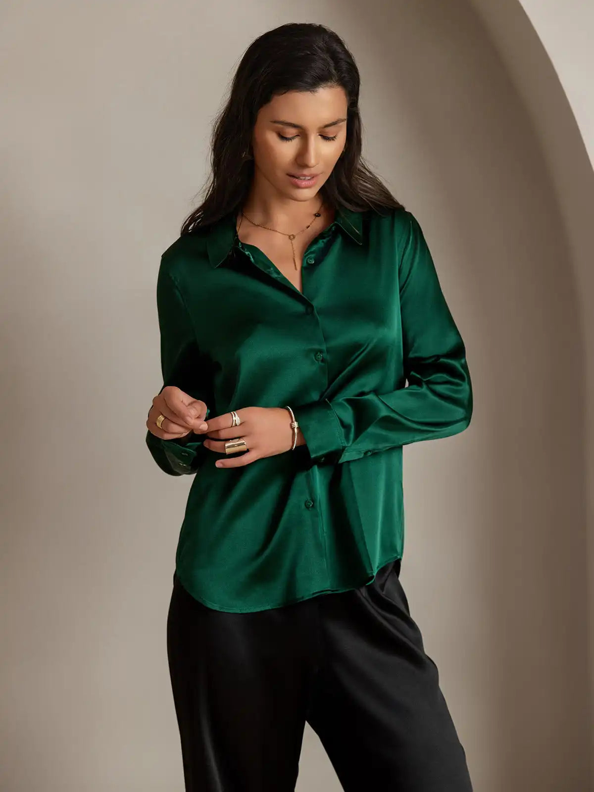 19Momme Silk Long Sleeve Lapel Collar Women's Shirt with Button Up Design