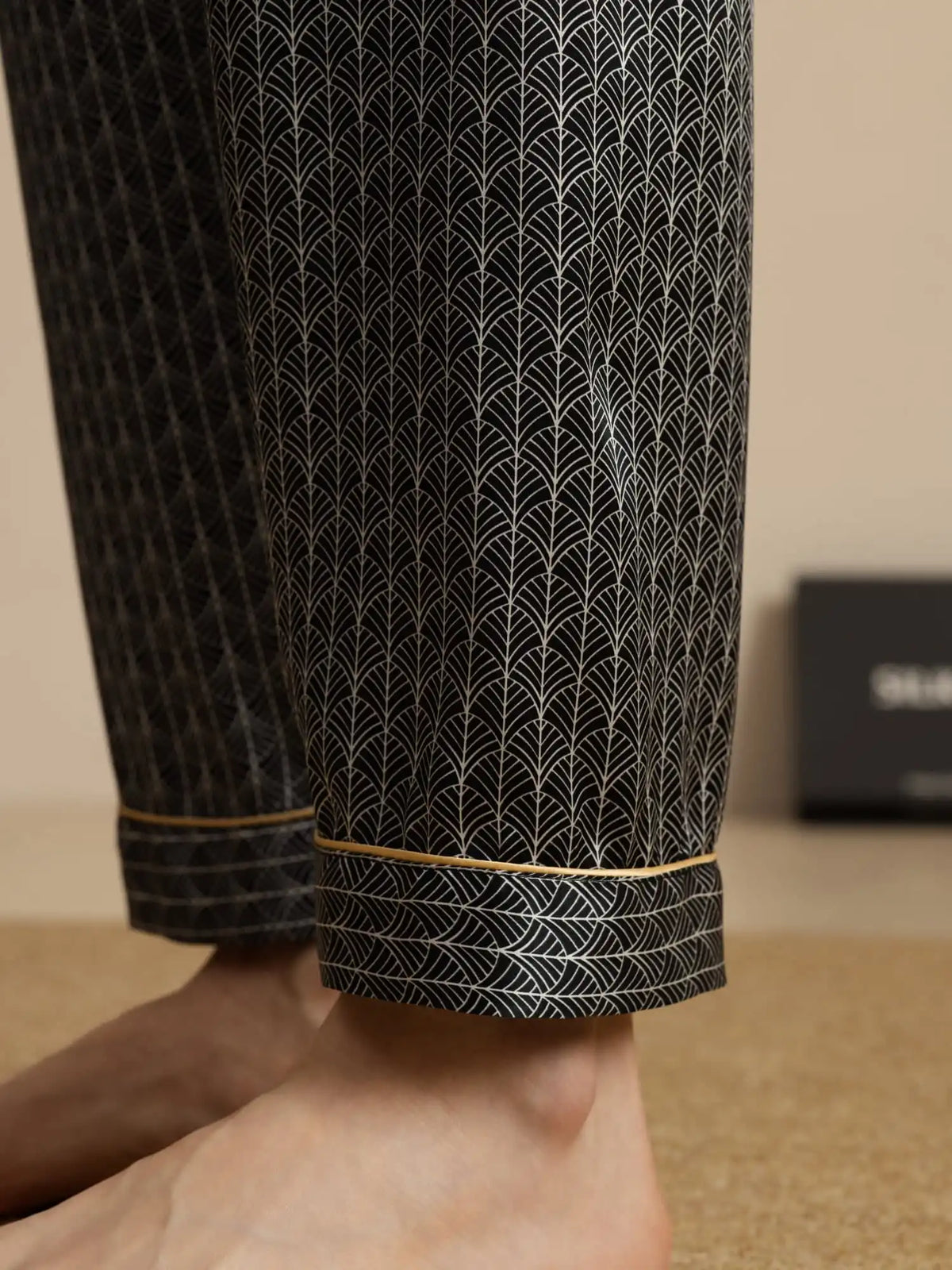 Men's 100% Mulberry Silk Ginkgo Print Sleep Pants with Elastic Waist