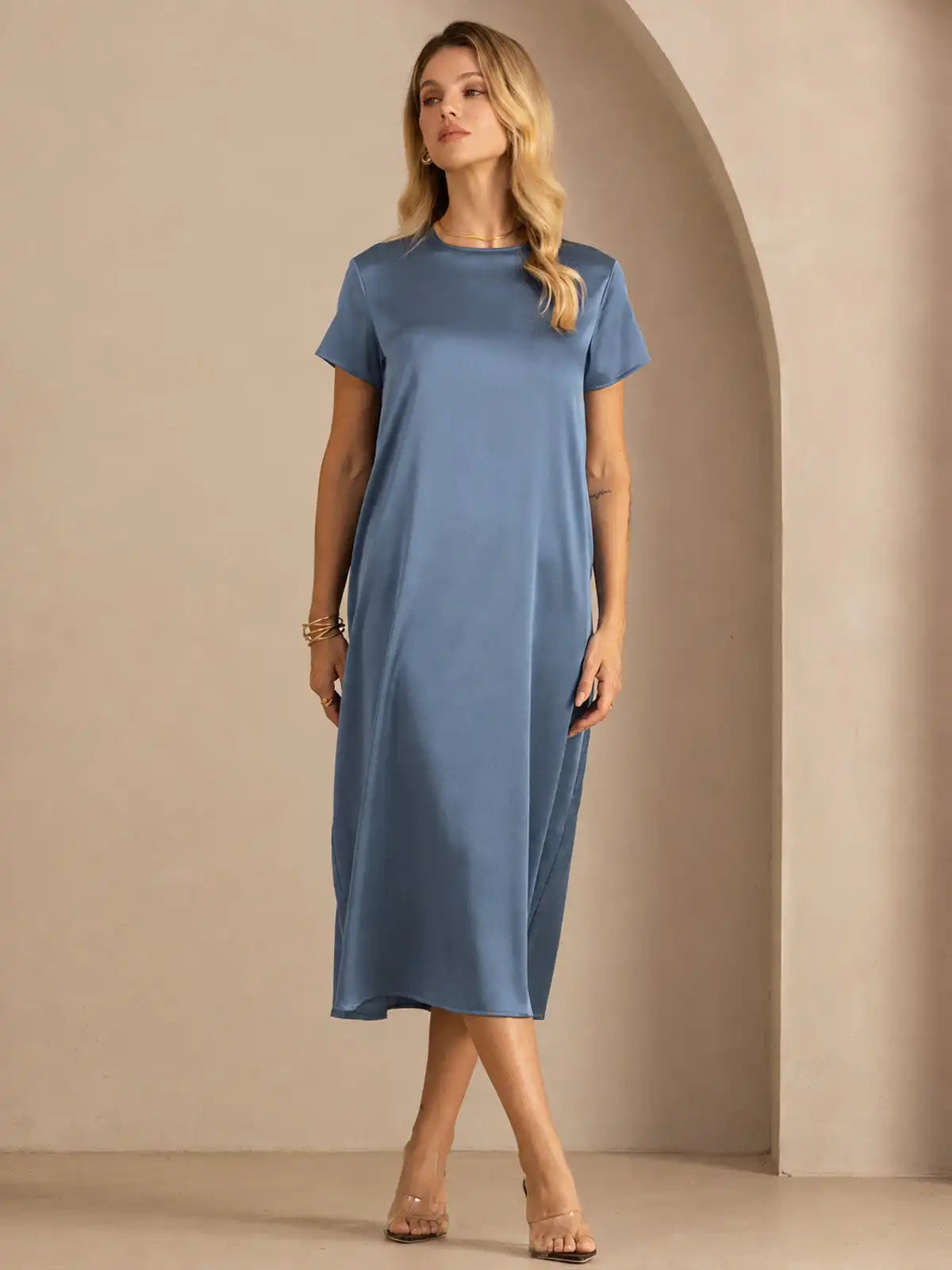 19Momme Silk Short Sleeve Crew Neck  Midi Dress With Side Pockets