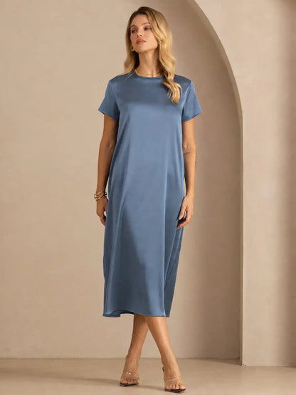 19Momme Silk Short Sleeve Crew Neck  Midi Dress With Side Pockets