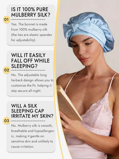 100% Mulberry Silk Bonnet Bowknot Tie Sleep Cap for Hair Protection