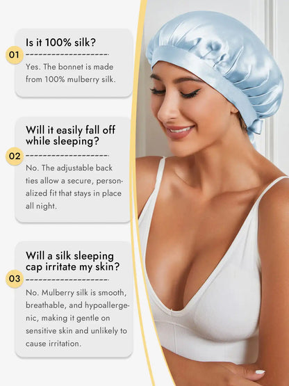 100% Mulberry Silk Sleep Bonnet with Ribbons