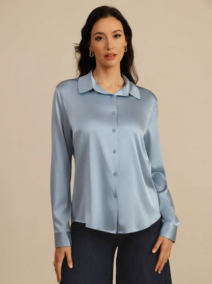 19Momme Silk Long Sleeve Lapel Collar Women's Shirt