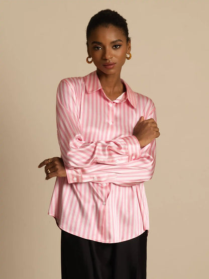 19Momme Silk Long Sleeve Lapel Collar Women's Shirt with Button Up Design
